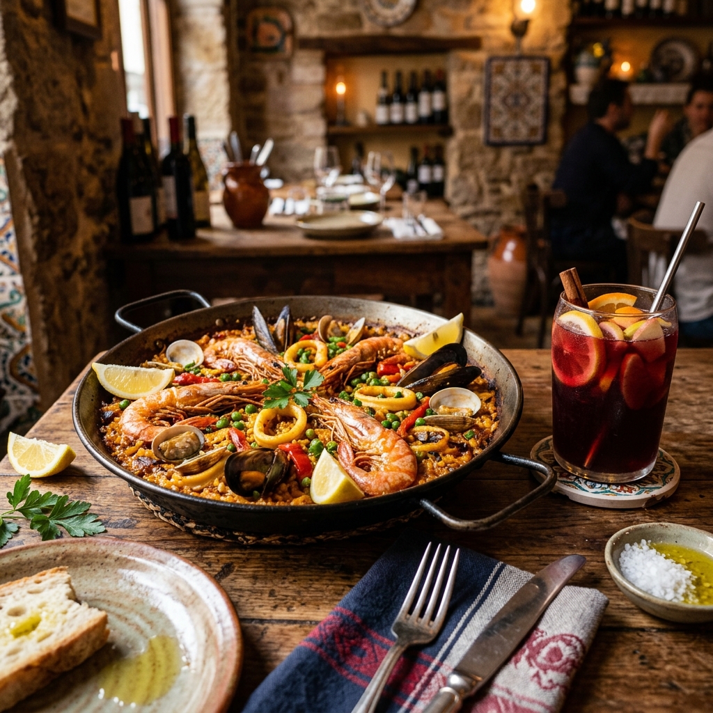 Paella di pesce con sangria